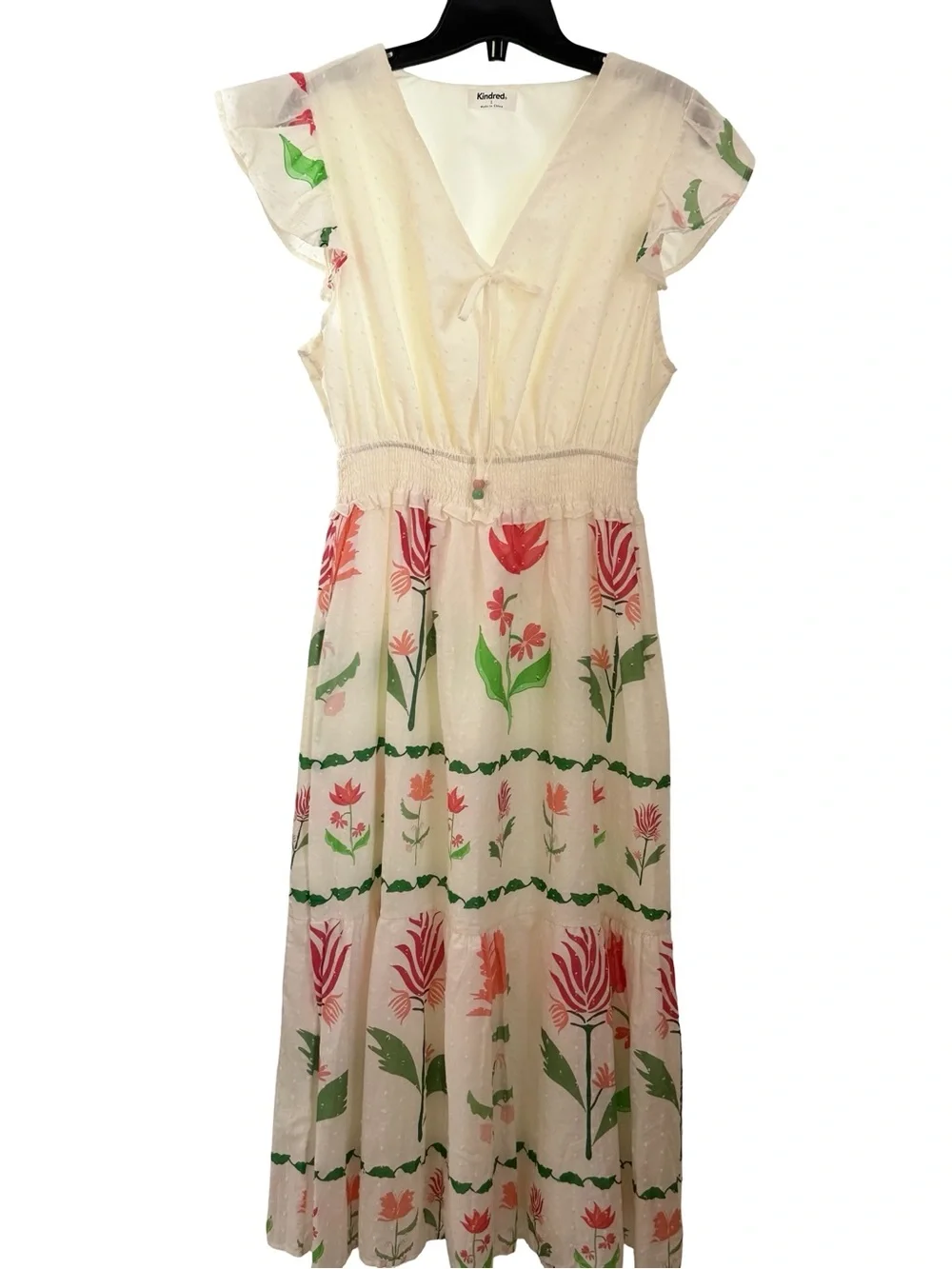 NWT Anthropologie Kindred Cream Midi Dress with Pink and Green Floral Print - Picture 1 of 12